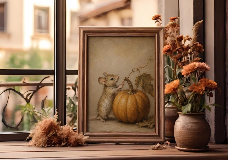 Peut inclure: Une peinture encadr&eacute;e repr&eacute;sentant une petite souris brune debout &agrave; c&ocirc;t&eacute; d'une grosse citrouille orange avec une tige et une feuille vertes. L'&oelig;uvre est r&eacute;alis&eacute;e dans une palette de couleurs douces et att&eacute;nu&eacute;es avec des coups de pinceau visibles.