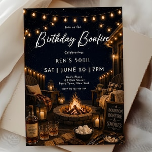 Mall för inbjudan till födelsedagsbrasa, redigerbar inbjudan till brasfest, födelsedagsinbjudan till eldstad i trädgården, inbjudan till S'mores-fest