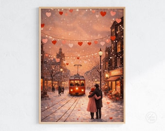 Romantische Winter Street Art Print, Valentine Wand Kunst digitaler Download, Vintage Strassenbahn Liebesszene, gemütliche Winter druckbare Wand-Dekor