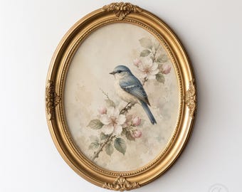 Vintage Bird and Blossoms Printable Art, Cottagecore Watercolor Botanical Decor Digital Download