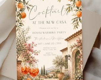 Cocktails at the New Casa Housewarming Invitation Template, Mediterranean Housewarming Invite, Aperol Spritz Party, Editable Corjl Invite