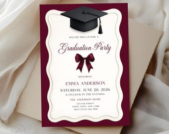 Burgundy Graduation Party Invitation Template, Elegant Script, Corjl Editable (PDF/JPG Downloadable)