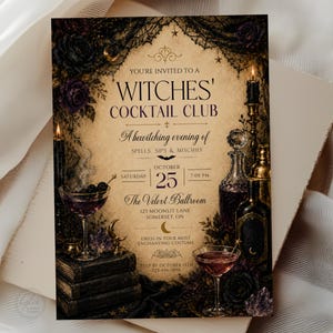 Witches Cocktail Club Invitation, Editable Halloween Cocktail Party Invite Template