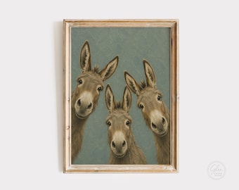 Donkey Trio Wall Art Print, Cottagecore Donkey Painting, Farmhouse Animal Decor, Rustic Donkey Art