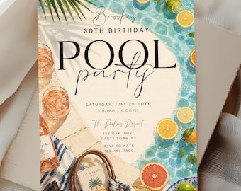 Citrus Pool Party Invitation, Summer Birthday Invite, Editable Corjl Template