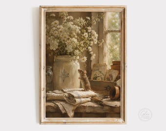 Vintage Mouse & Daisies Print, Cottagecore Farmhouse Wall Art
