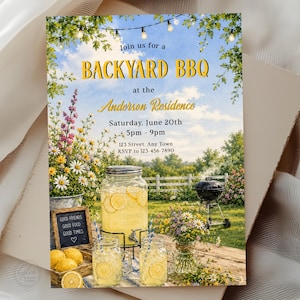 May include: A backyard BBQ invitation card featuring a watercolor illustration of a garden setting with string lights, a large glass beverage dispenser, mason jars with lemonade, a charcoal grill, and wildflowers. Text includes Join us for a BACKYARD BBQ at the Anderson Residence, Saturday, June 20th, 5pm - 9pm, 123 Street, Any Town, RSVP to 123-456-7890.