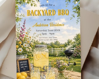 Achtertuin BBQ-uitnodigingssjabloon, zomercookout-feestuitnodiging, familiebarbecue-uitnodiging, bewerkbare Corjl-uitnodiging
