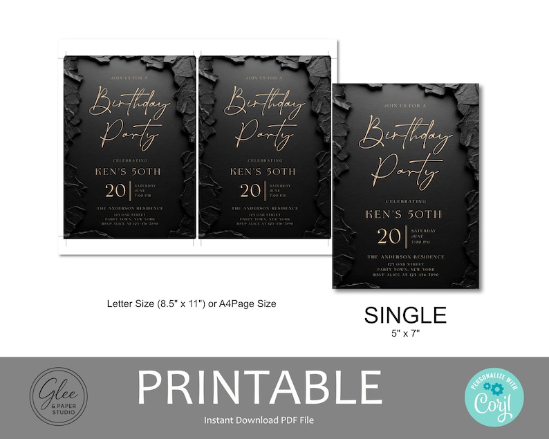 May include: A black birthday party invitation template with gold script text reading Birthday Party, Ken's 50th, 20, and event details. The design features a textured black border. Text below indicates Letter Size 8.5 inches by 11 inches or 5 inches by 7 inches.