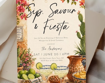 Sip Savor & Fiesta Invitation Template, Mexican Fiesta Party Invite, Editable Margarita Party Invitation, Taco Night Invite