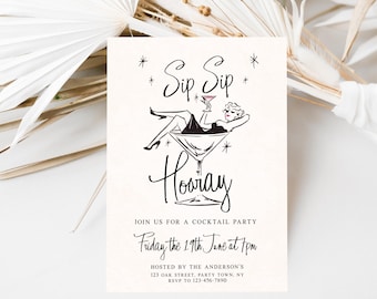 Editable Retro Kitsch Cocktail Party Invitation, Sip Sip Hooray Invite
