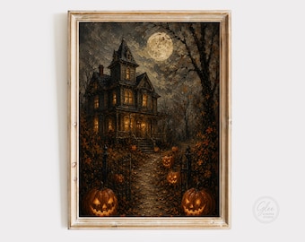 Haunted House Halloween Wall Art Print, Vintage Gothic Mansion Painting, Spooky Fall Decor, Printable Digital Download
