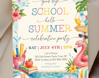 Last Day of School Party Invitation Template, Editable Hello Summer Pool Party Invite, Corjl Evite