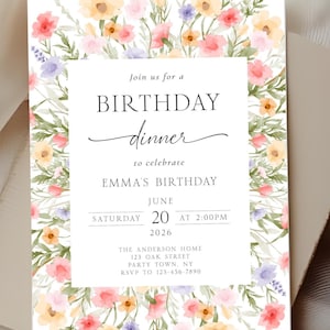 Könnte beinhalten: Eine rechteckige Einladungskarte zum Geburtstagsessen mit einem Aquarell-Blumenrand aus rosa, gelben und violetten Blüten sowie grünem Blattwerk. Der weiße Text in der Mitte lautet: Join us for a BIRTHDAY dinner to celebrate EMMA'S BIRTHDAY JUNE SATURDAY 20 AT 2:00PM 2026 THE ANDERSON HOME 123 OAK STREET PARTY TOWN. NY RSVP TO 123-456-7890.