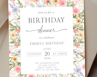 Floral Birthday Dinner Invitation, Editable Watercolor Flowers Party Invite (Digital Download)