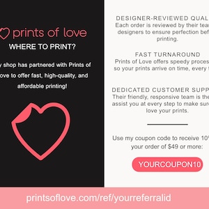 Op de afbeelding: Een zwart-wit informatieve afbeelding met het Prints of Love-logo, een roze hartpictogram en tekst over printdiensten. Het bevat secties over door ontwerpers gecontroleerde kwaliteit, snelle verwerking, klantenservice en een kortingscode.