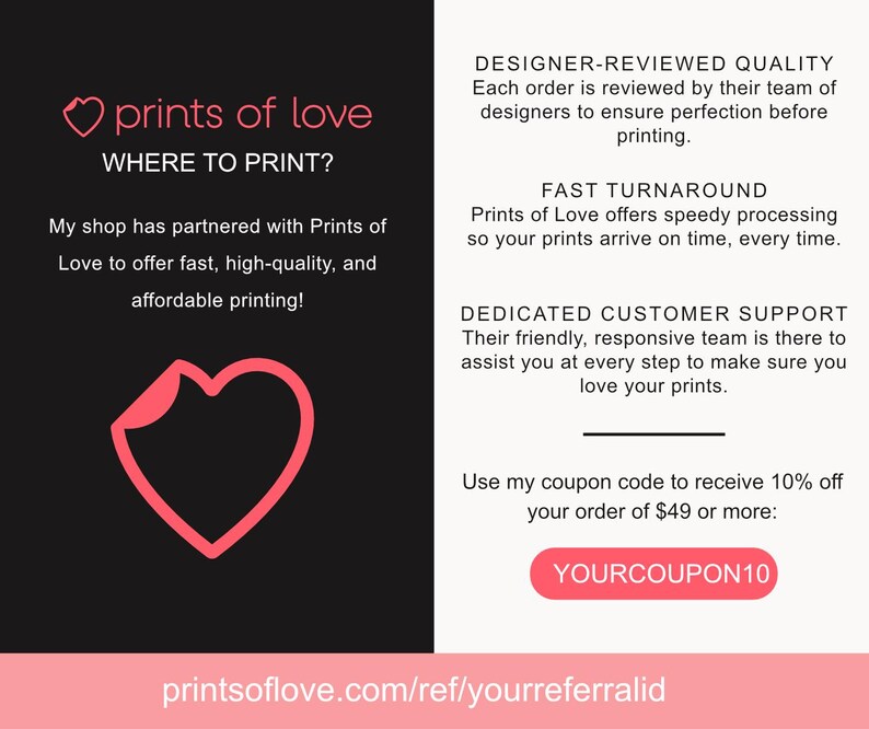 Op de afbeelding: Een zwart-wit informatieve afbeelding met het Prints of Love-logo, een roze hartpictogram en tekst over printdiensten. Het bevat secties over door ontwerpers gecontroleerde kwaliteit, snelle verwerking, klantenservice en een kortingscode.