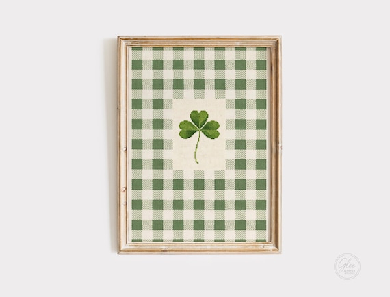 Green Gingham Shamrock Art Print, Vintage Irish Decor (Digital Download)
