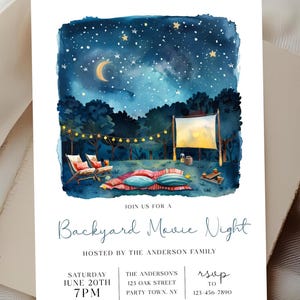 May include: A rectangular invitation card featuring a watercolor illustration of a backyard movie night under a starry night sky with a crescent moon, string lights, two chairs, pillows, and a projector screen, with text reading JOIN US FOR A Backyard Movie Night HOSTED BY THE ANDERSON FAMILY SATURDAY JUNE 20TH 7PM THE ANDERSON'S 123 OAK STREET PARTY TOWN, NY rsvp TO 123-456-7890.