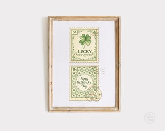 Vintage Shamrock Postage Stamp Art Print, Irish Cottage Decor (Digital Download)