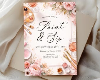 Paint and Sip Invitation Template | Editable Floral Art Party Invite