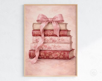 Vintage Book Stack Art Print, Pink Ribbon (Digital Download)