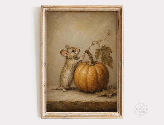 Autumn Mouse Wall Art Print, Vintage Pumpkin Painting, Cottagecore Fall Nursery Decor