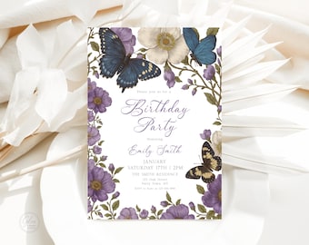 Lila Blumen Schmetterling Einladung Vorlage - Bearbeitbar 5 × 7 Corjl Design