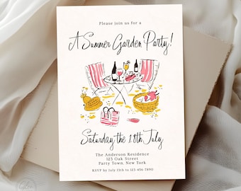 Retro kitsch zomertuinfeestuitnodiging, bewerkbare achtertuin cocktailpartyuitnodiging