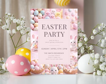 Bunny Easter Party Invitation Template, Pastel Spring Colors, Editable Corjl Invite