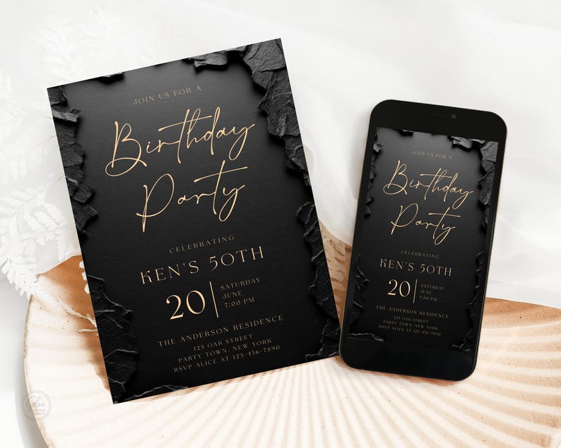 May include: A black birthday party invitation card and a smartphone displaying the same design. The invitation features gold script text reading Birthday Party, celebrating Ken's 50th, with black textured edges and additional event details.