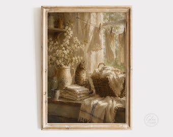 Vintage Laundry Room Cat Print, Cottage Farmhouse Wall Art