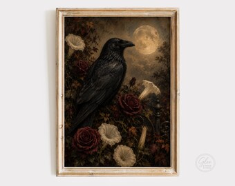 Raven Moon Wall Art Print, Gothic Floral Decor, Dark Academia Crow Artwork, Burgundy Rose Printable Art
