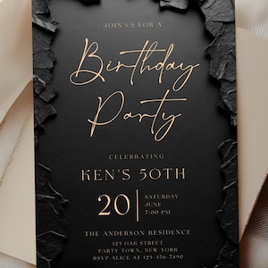 Editable Modern Black Gold Birthday Invite, Men's Digital Party Invite