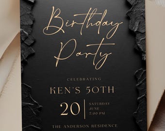Editable Modern Black Gold Birthday Invite, Men's Digital Party Invite