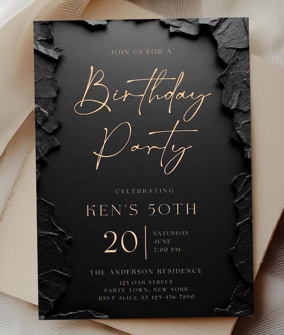 Editable Modern Black Gold Birthday Invite, Men's Digital Party Invite