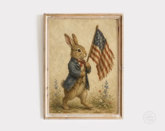 Patriotic Bunny Print, Americana Rabbit Wall Art, Vintage Cottagecore Digital Download