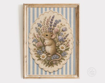 Faux Embroidery Mouse Wall Art, Cottagecore Nursery Decor, Needlepoint Wildflower Mouse Print, Blue Stripe Art