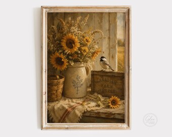Sunflower & Chickadee Print, Farmhouse Cottage Wall Art