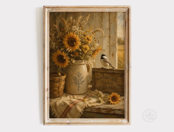 Sunflower & Chickadee Print, Farmhouse Cottage Wall Art