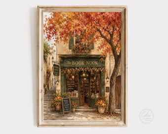 Cozy Bookstore Fall Art Print, Vintage Autumn Library Decor (Digital Download)