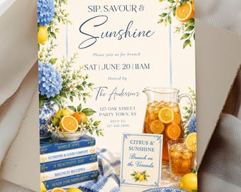 Sip Savor Sunshine Brunch Invitation Template, Citrus Brunch Invite, Lemon Party Invitation, Editable Summer Brunch Invite