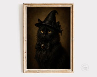 Black Cat Witch Portrait Print, Victorian Halloween Wall Art