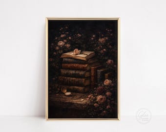 May include: A framed print featuring a stack of antique books with aged, leather-bound covers. An open book rests on top, adorned with a delicate rose. The scene is surrounded by soft, muted roses, creating a vintage, romantic aesthetic.