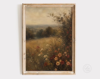Vintage Wildflower Meadow Art Print, Cottagecore Landscape Wall Decor (Digital Download)