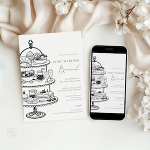 May include: A Post-Wedding Brunch invitation and a smartphone displaying the same design. The invitation features a tiered serving stand illustration with brunch items and event details. The design is in black and white.
