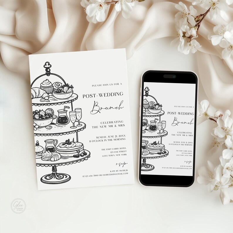 May include: A Post-Wedding Brunch invitation and a smartphone displaying the same design. The invitation features a tiered serving stand illustration with brunch items and event details. The design is in black and white.