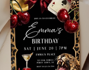 Editable Cheetah Print Birthday Invitation, Black Bow Coquette Party, Glam Casino Party Invite