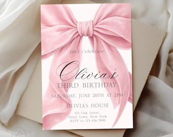 Pink Velvet Bow Birthday Invitation, Girl Party Invite, 5x7 Corjl Template