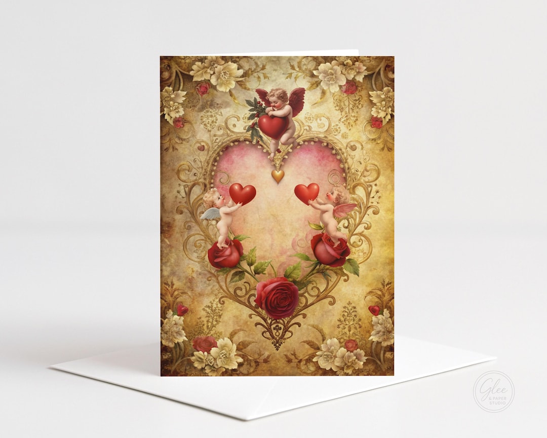Vintage Cupid Valentine Card | Antique Heart, Roses (instant